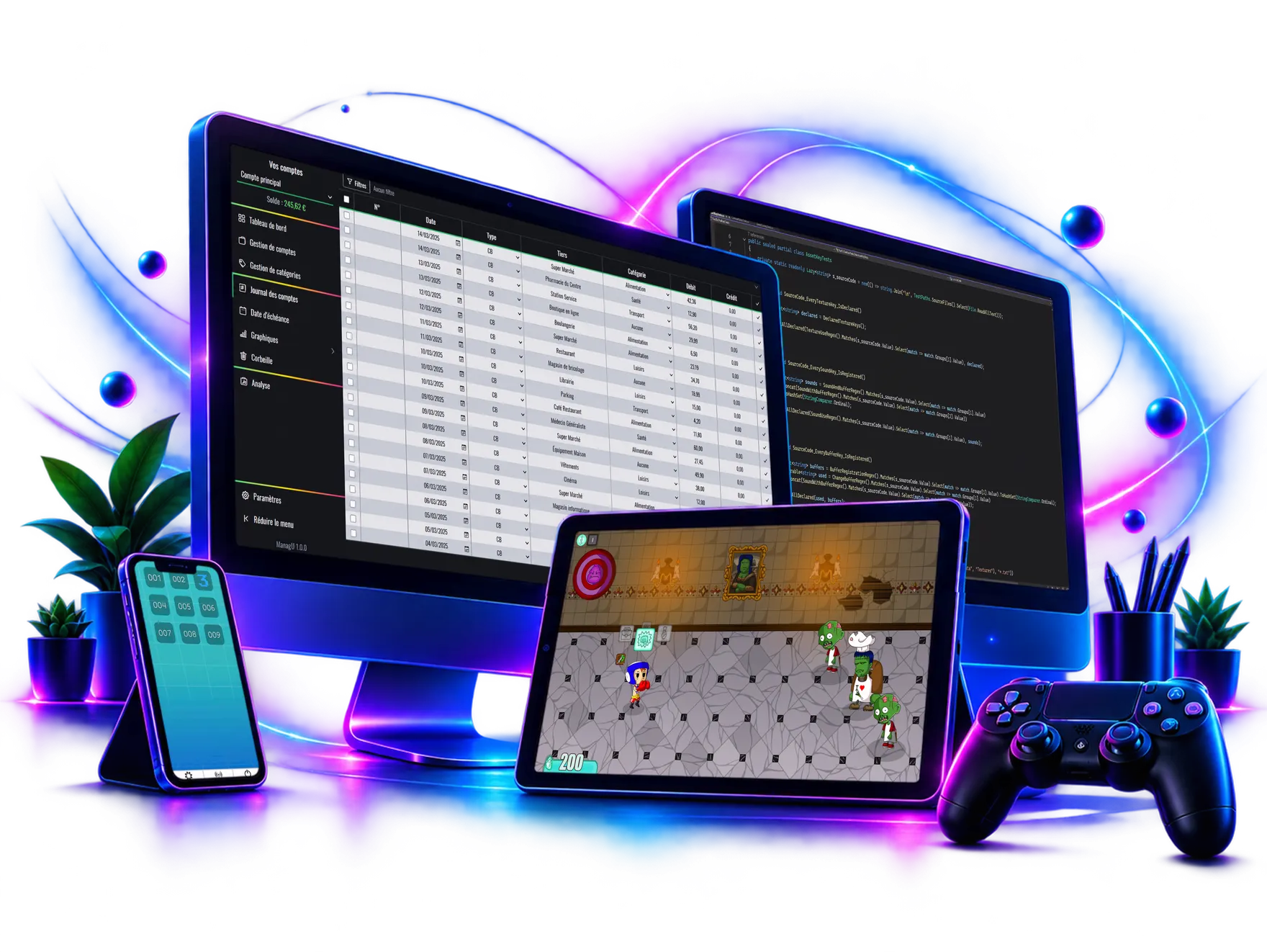 Ordinateur, tablette et smartphone affichant un logiciel de gestion, du code et un jeu vidéo développés par 2DevSoft